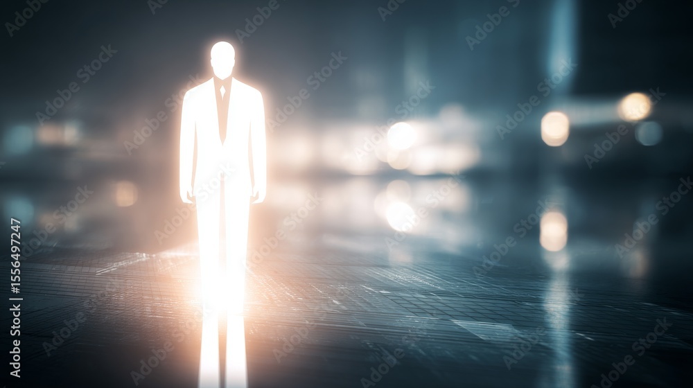 Poster a mysterious figure standing in a dimly lit environment, representing introspection and depth.