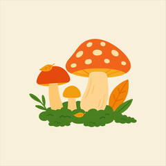 Cute autumn mushrooms illustration with moss and leaves