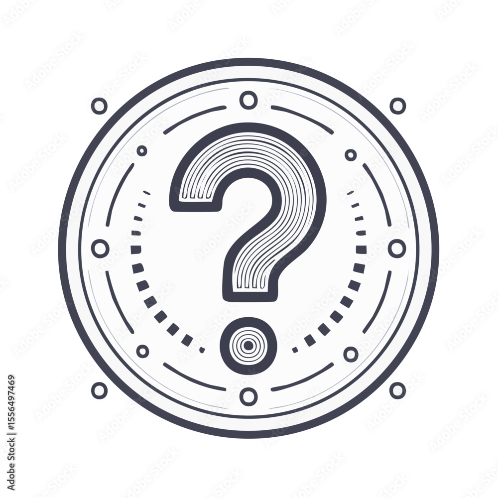 Poster stylized question mark icon in geometric circle design with concentric lines