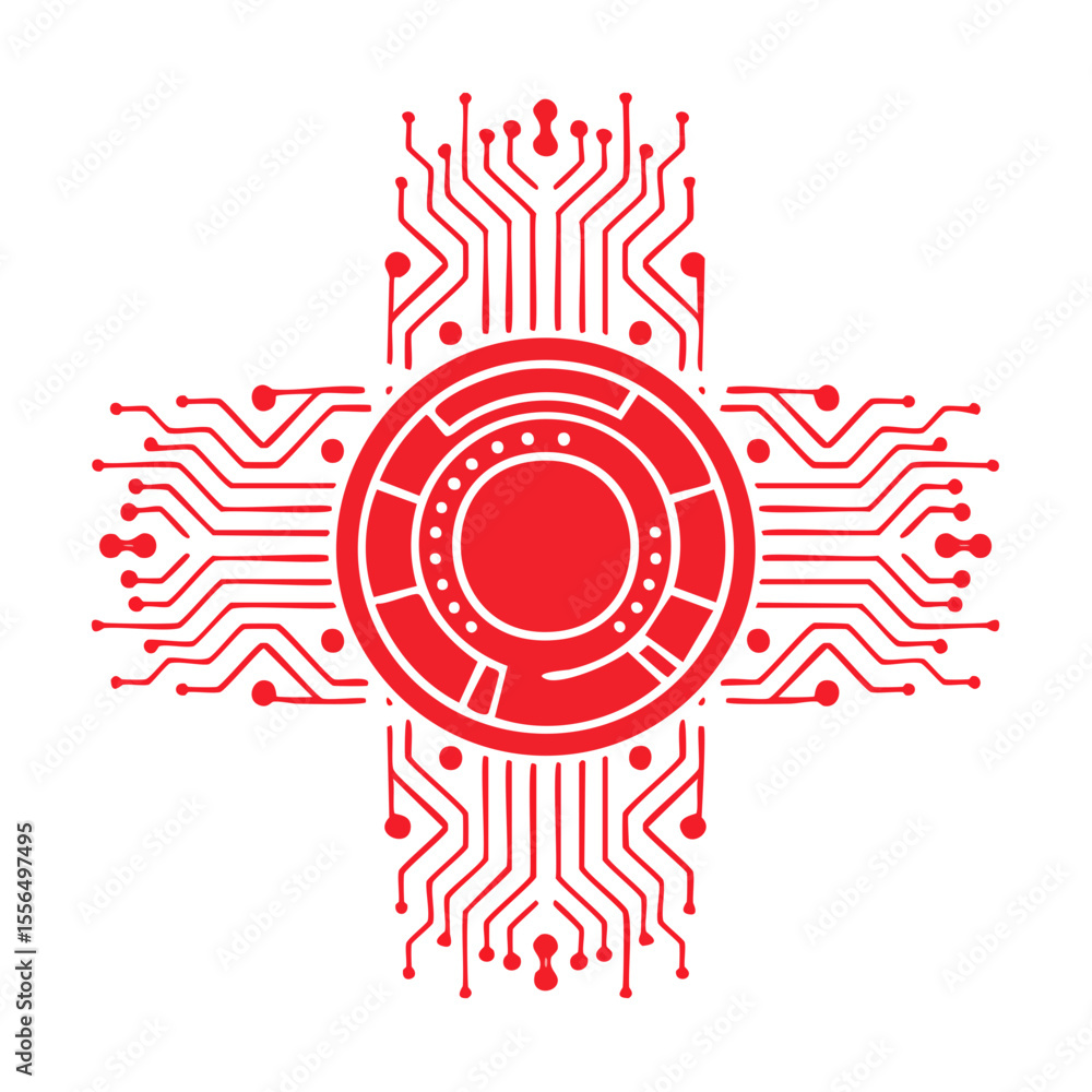 Poster abstract circuit board cross shape in red on black background electronic system technology