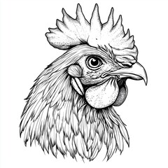 Line art drawing of a rooster's head isolated on a white background