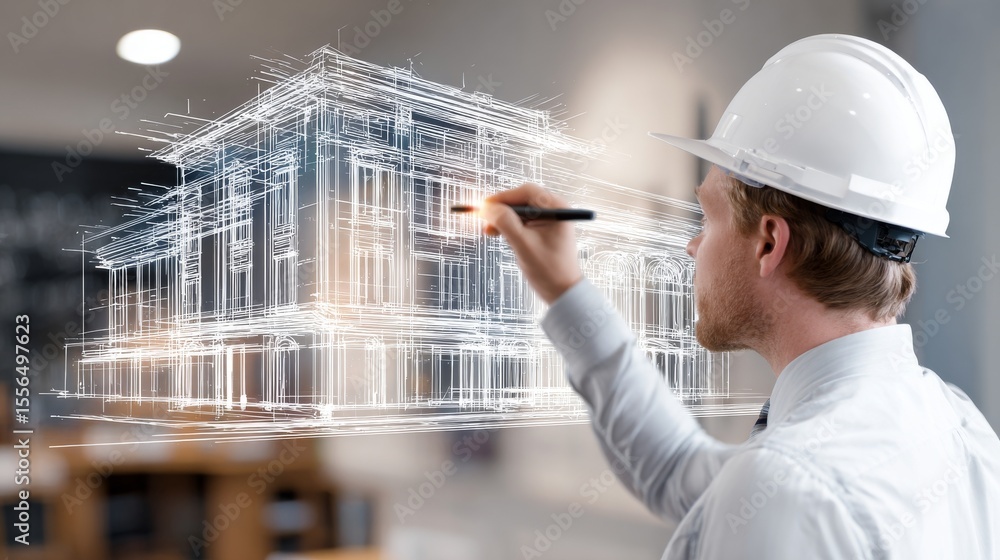 Poster a professional architect designs a modern building using advanced technology.