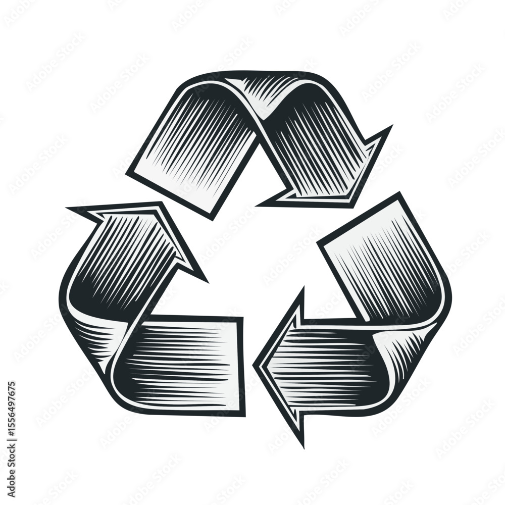 Poster stylized recycle symbol with arrow design on a black background for environmental concepts
