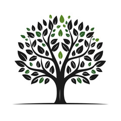 Fototapeta premium Abstract Tree Silhouette with Green Leaf Accents on a Black Background