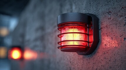 Bright red industrial safety light on a textured wall, providing warning and illumination in a rugged setting, creating a sense of security and caution.