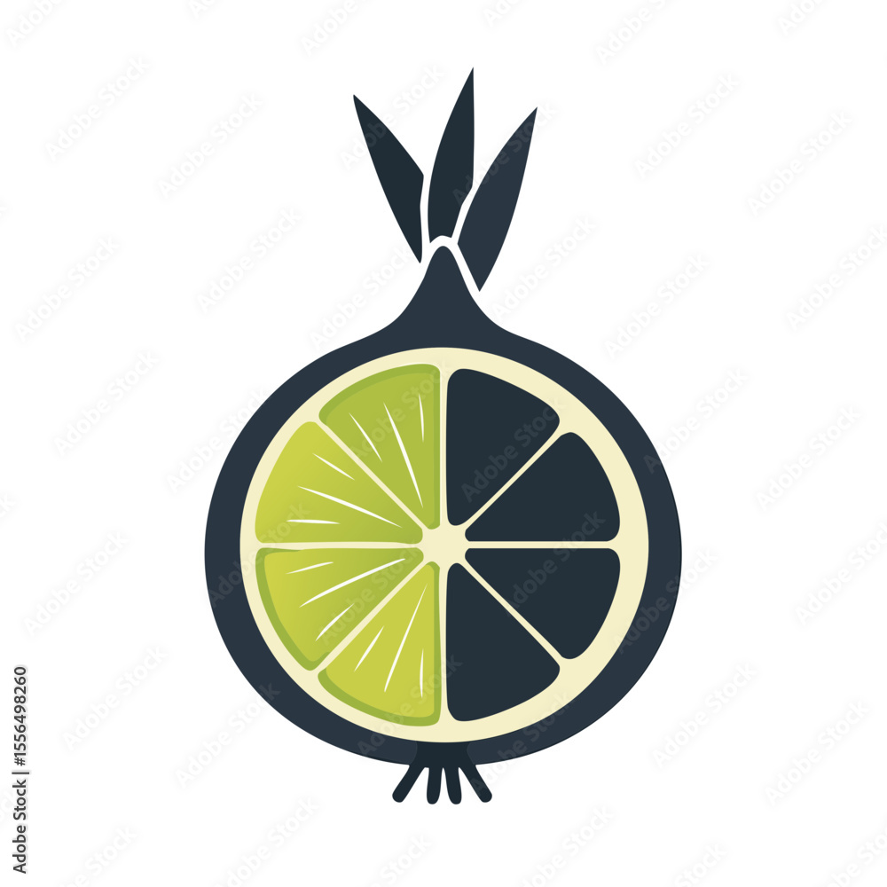 Poster abstract halved fruit icon design displaying lime slice and dark colored citrus on dark background. 