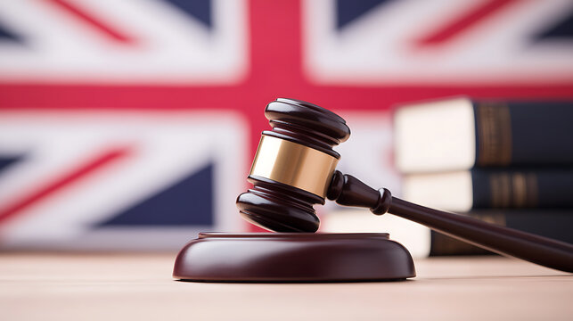 Legal Symbolism in the UK: Gavel and flag for justice. An image with gavel, books and the union jack in the background depicts legal proceedings in Great Britain.