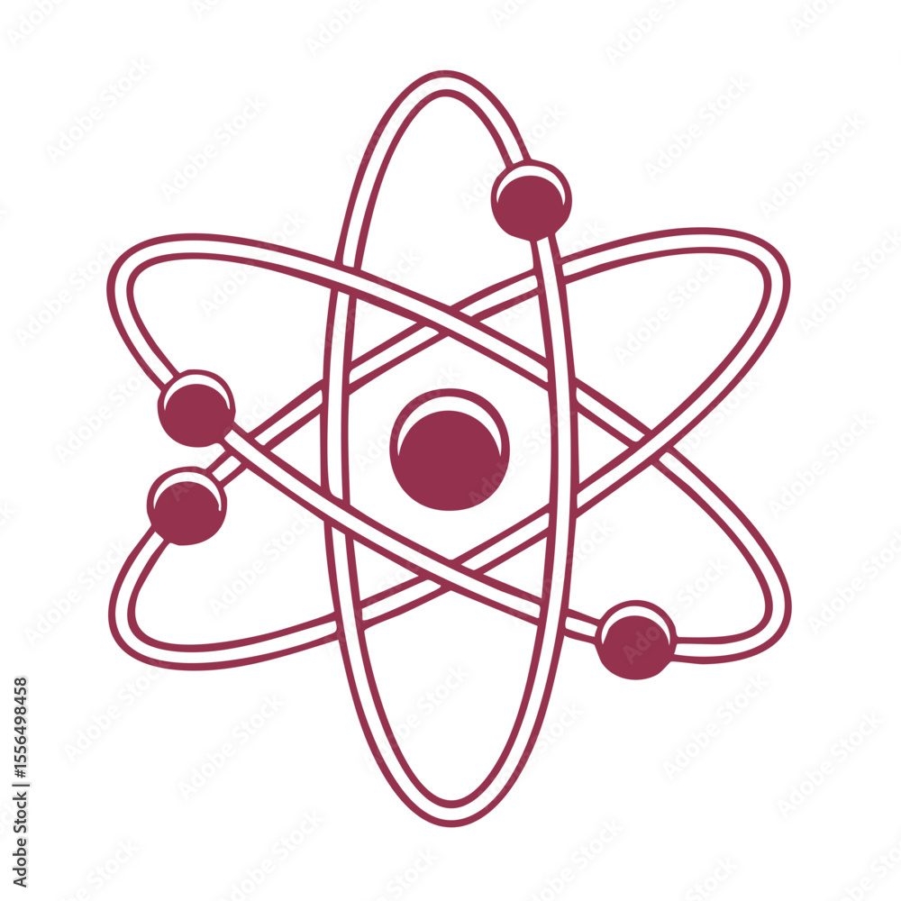 Poster atom icon graphic illustration showing electrons orbiting nucleus in science education and technolog