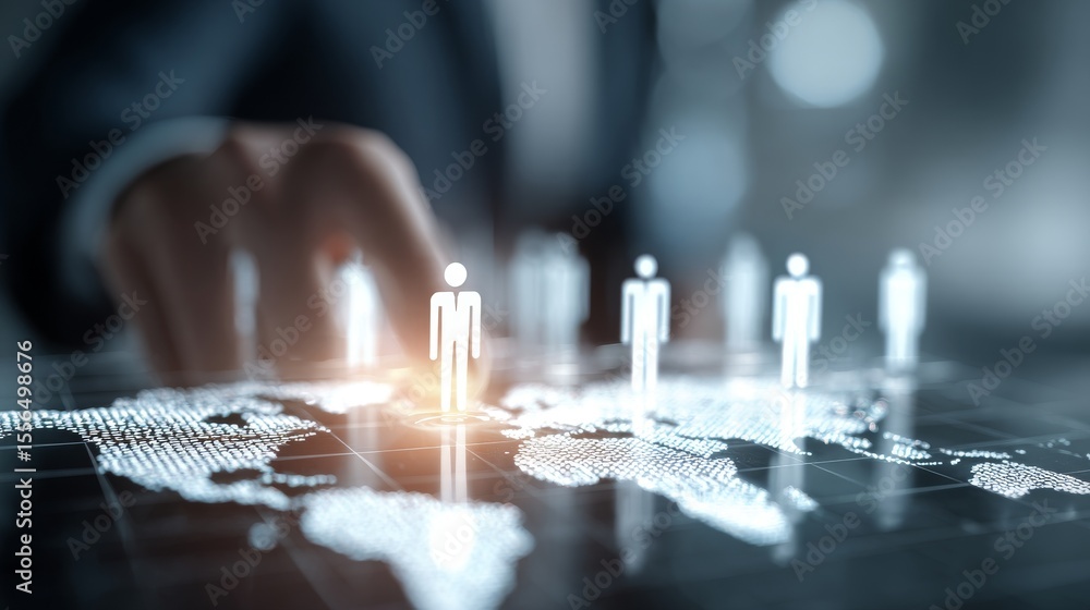 Poster close-up of a hand interacting with a digital world map for business analytics.