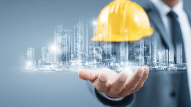 Businessman showing a cityscape with a construction helmet in a professional setting.