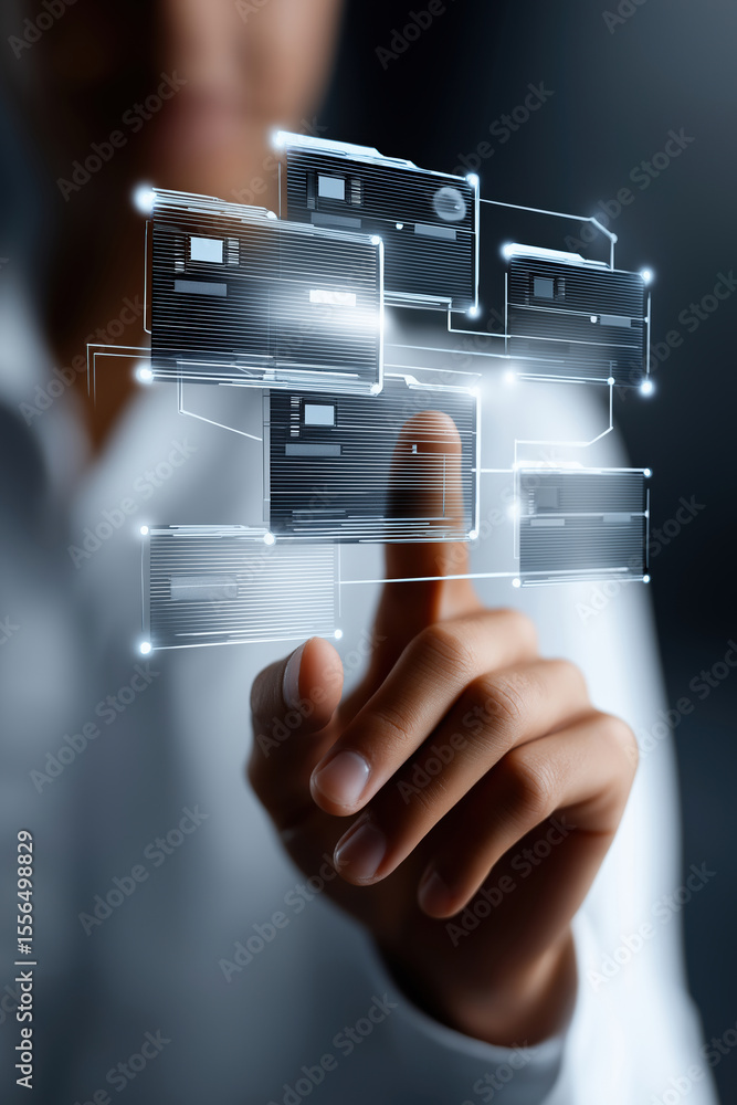 Aufkleber person interacting with digital file icons in a modern workspace setting