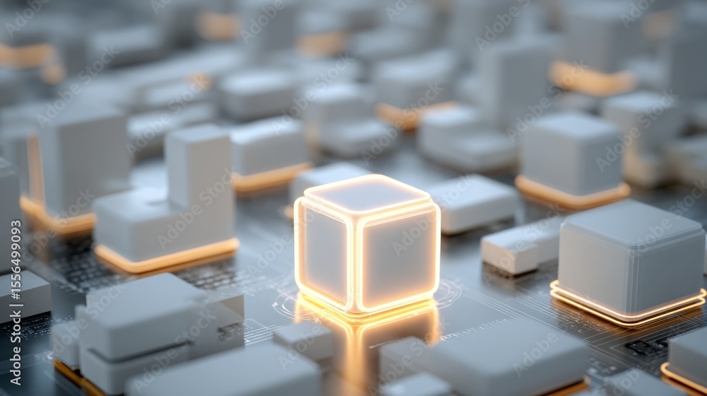 Poster futuristic cityscape featuring illuminated cubic structures on a tech-inspired backdrop.