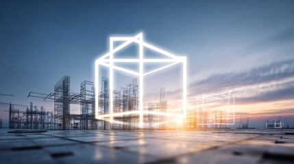 Obraz premium Futuristic construction scene with illuminated structure against a sunset backdrop.