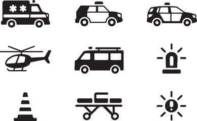 Emergency Vehicles Icons Ambulance, Police Car, Helicopter, and More