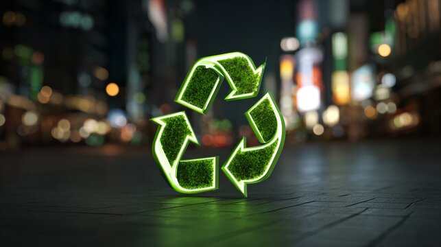 Glowing green recycling symbol representing sustainability and eco-friendly practices.