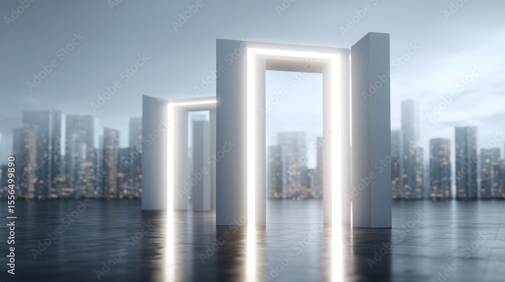 Poster modern architectural structure with glowing elements in a cityscape.