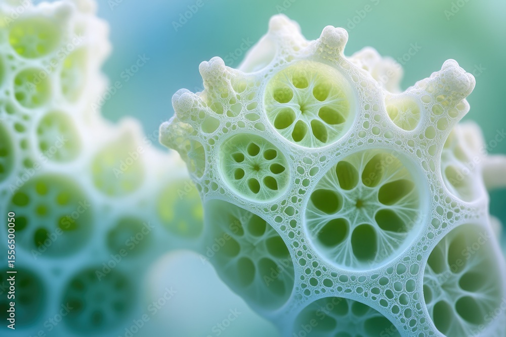 Poster intricate, organic-like structure with repeating circular patterns and interconnected chambers, rese
