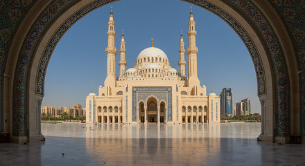 Stunning view of Sharjah Mosque, UAE. Grand domes and tall minarets framed by ornate archway under...