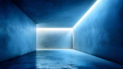 Minimalist room white corner high key lighting blue wall modern interior empty space clean design reflective floor abstract futuristic style