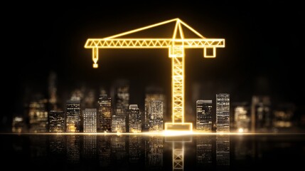 A bright crane stands against a dark skyline, symbolizing construction and growth.