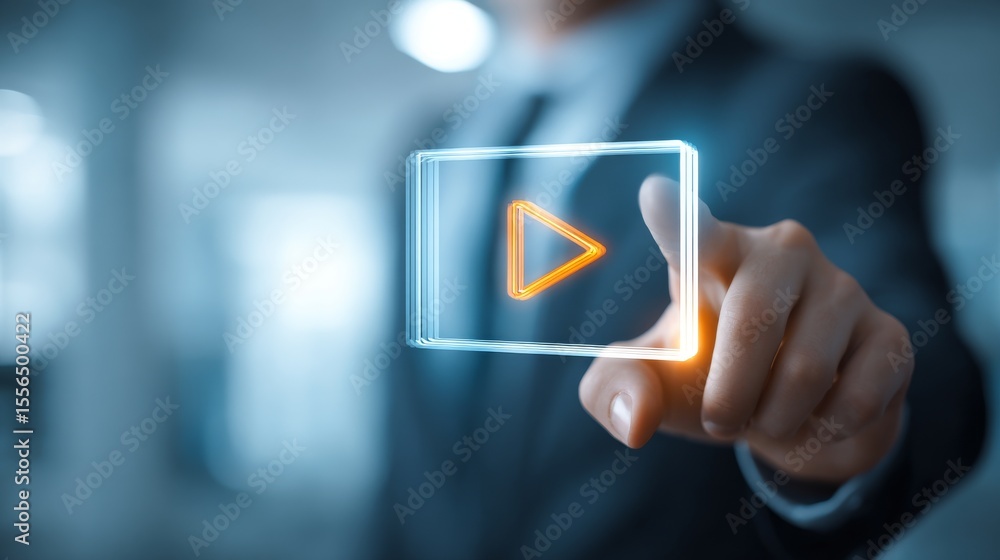 Poster a businessman interacts with a transparent digital play button on a holographic display.