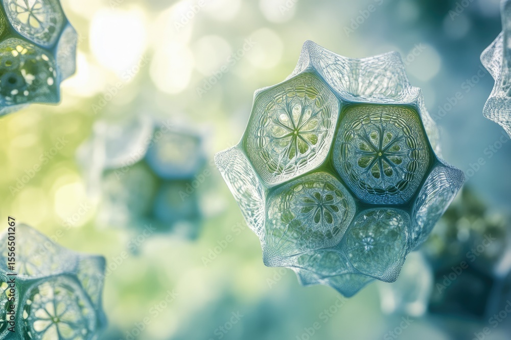 Aufkleber abstract image depicting intricate, geometric, bioluminescent structures resembling cells or viruses