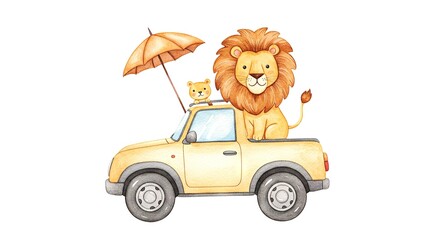 Cartoon lion and cub riding in yellow pickup truck with umbrella  