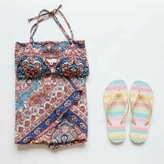 Flat lay of printed bikini swimsuit and pastel striped flip-flops, summer fashion set for beachwear, tropical vacation styling, ecommerce, catalog, lifestyle branding or travel editorials