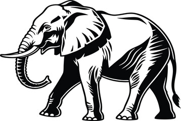 Standing elephant silhouette on a white background in a striking black-and-white vector style