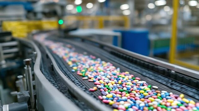 Close-up view of colorful pills neatly arranged on a moving conveyor system, passing under precision laser scanners in a pharmaceutical plant. Robotic mechanisms sort and inspect e