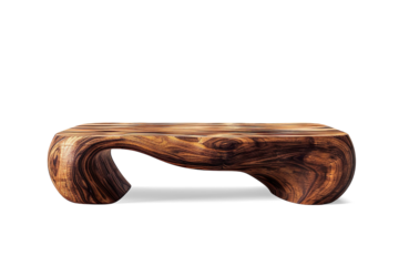 Abstract wooden coffee table with organic, flowing design on a transparent background