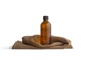 Amber Facial Mist Bottle on Stacked Soft Brown Cloths on a transparent Background 