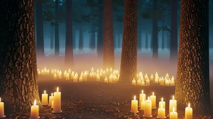 Candles illuminate a mysterious forest scene at night time