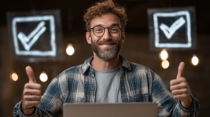 Enthusiastic man with thumbs up in front of laptop, checkmarks in background.  Positive expression, curly hair, glasses, in a casual setting.