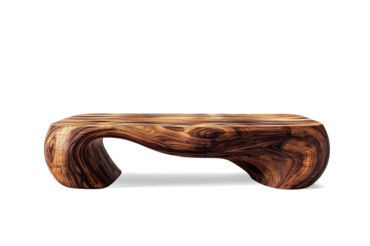 Abstract wooden coffee table with organic, flowing design on a transparent background