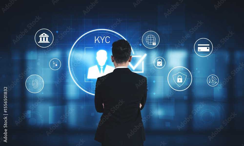Aufkleber digital kyc verification with biometric scan, id authentication, and financial security icons repres