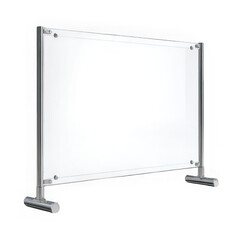 Isolated clear acrylic sneeze guard with silver metal frame on white background