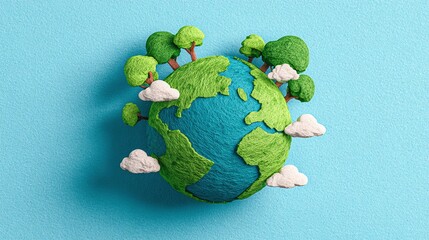 A playful Earth globe made of yarn and felt is surrounded by puffy white clouds and cartoon trees, set against a light blue background. Eco-friendly and handmade.