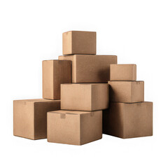 Obraz premium A stacked pile of cardboard boxes against a plain white studio background view