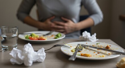 Woman with Stomach Ache After Eating Leftovers on Table