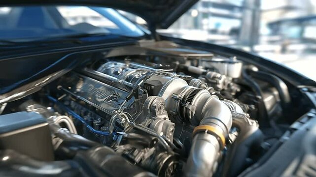 Engine bay close-up with detailed textures of pistons and cylinders, turbocharger compressor visible, belts tensioned, hoses connected, and wires organized, reflecting advanced aut