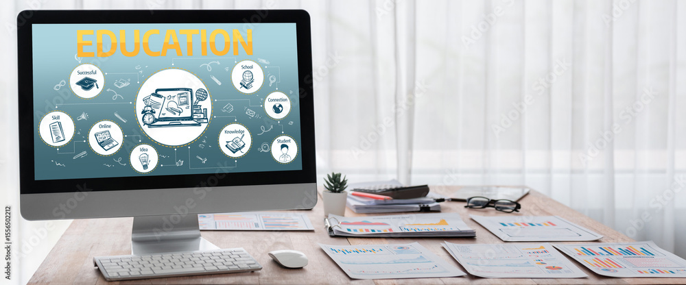 Poster e-learning website with sofware for student to study online on the internet network brisk