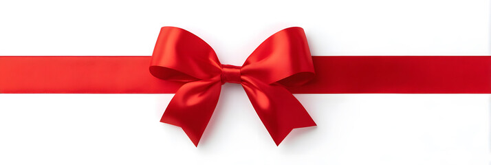 Red satin gift ribbon with bow, isolated on white background. Bright red gift ribbon tied in a shiny bow, isolated on a clean white background. Perfect for celebration, packaging, or festive design.