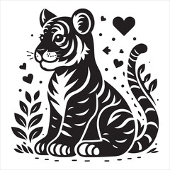 Obraz premium siting cute tiger Silhouette Vector Art, and Graphic, vector black color silhouette , solated white&nbsp;background 