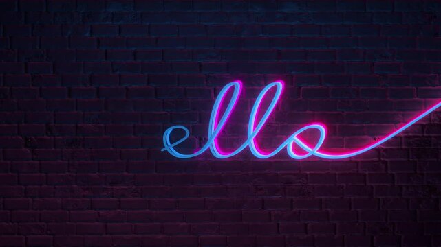 The word "hello" is written in glowing neon script on a dark brick wall. Ultra HD 4K 3840x2160 retro-style animation includes an alpha matte.