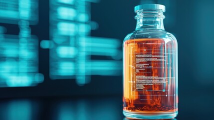Transparent glass vial filled with amber liquid, overlaid with digital data and scientific interface graphics in a futuristic lab setting.