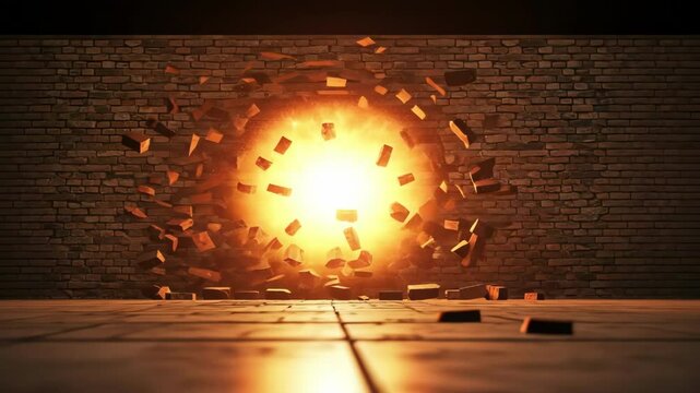 Brick wall explosion with bright light and debris destruction background