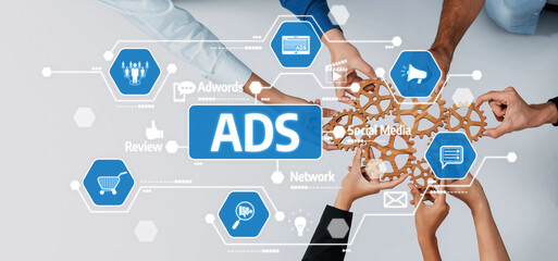 A group of diverse people collaborating on innovative marketing strategies for advertising,...