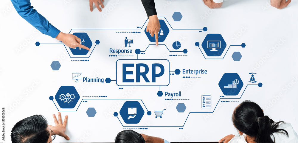 Aufkleber Professionals collaborate around a table, discussing ERP system integration and workflow optimization. Focus on strategy planning and enhancing enterprise efficiency in modern business. Amity