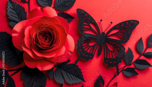 Elegant red rose and black butterfly on red background, paper art.